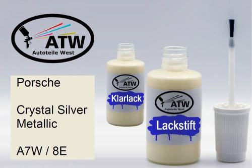 Porsche, Crystal Silver Metallic, A7W / 8E: 20ml Lackstift + 20ml Klarlack - Set, von ATW Autoteile West.